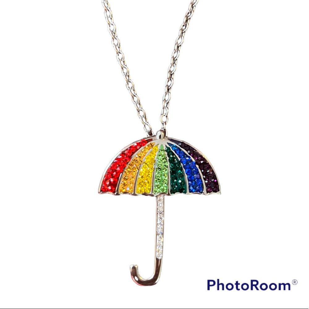 Rainbow necklace with crystals. umbrella stainless steel necklace brooch